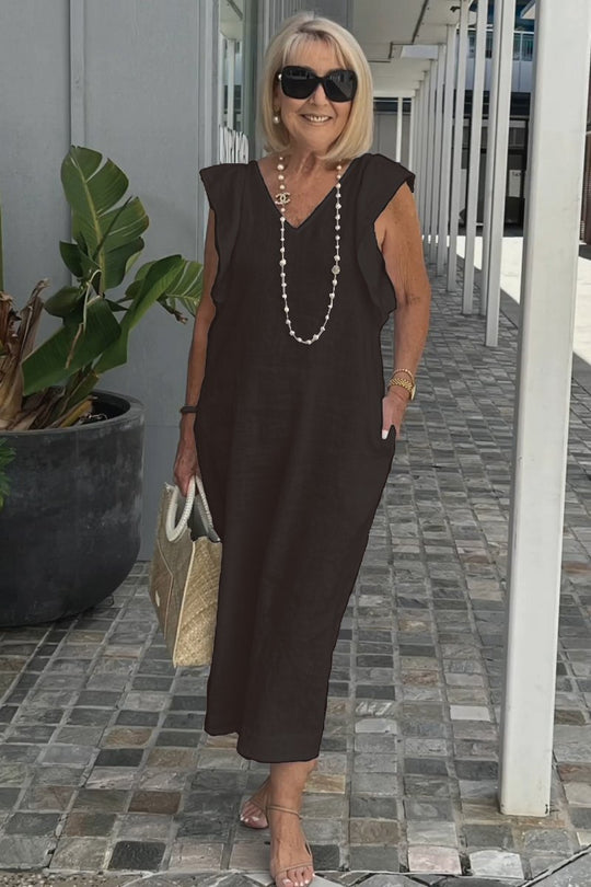 Damen Maxikleid mit V-Ausschnitt und angeschnittenem Ärmel R&B