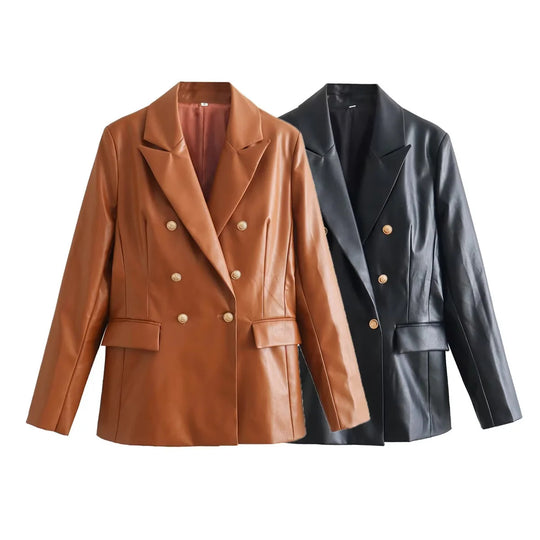 Damen elegante Kunstleder-Blazerjacke mit doppelter Knopfleiste und goldenen Akzenten R&B