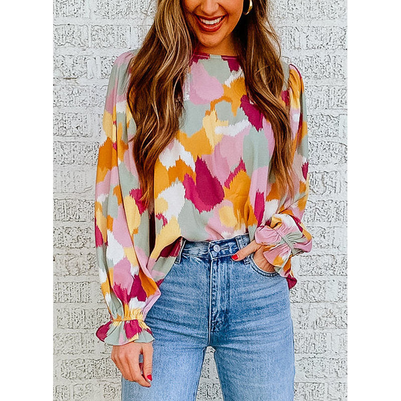 Damen Bluse mit künstlerischem Druck und gerafften Manschetten R&B