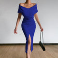 Damen Off-Shoulder Maxikleid mit Taillengürtel und seitlichem Schlitz R&B