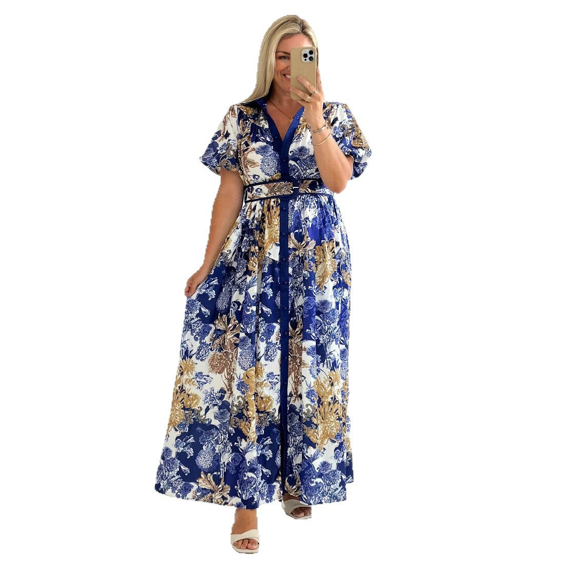 Damen Maxikleid mit floralem Print und eleganter Knopfleiste R&B