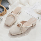 Damen Elegante Mules mit modischem Perlenverzierung und kreativen Schleifen R&B