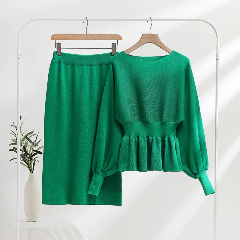 Damen elegantes Strickensemble mit Raffung und Ballonärmeln R&B
