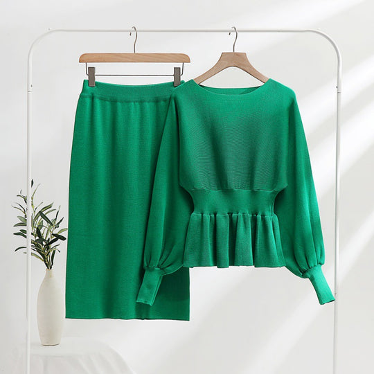 Damen elegantes Strickensemble mit Raffung und Ballonärmeln R&B