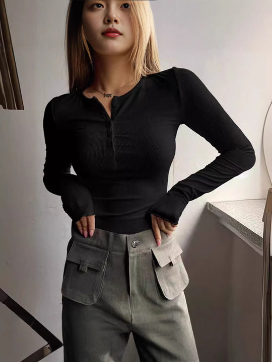 Damen Langarmshirt mit eleganter Knopfleiste R&B