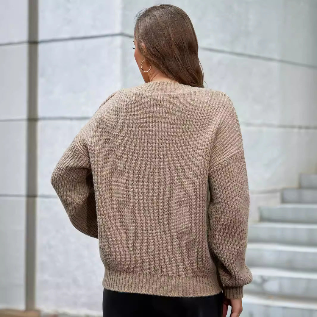 Damen gemütlicher V-Ausschnitt Strickpullover mit lockerem Schnitt und strukturiertem Muster R&B