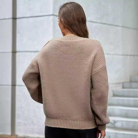Damen gemütlicher V-Ausschnitt Strickpullover mit lockerem Schnitt und strukturiertem Muster R&B