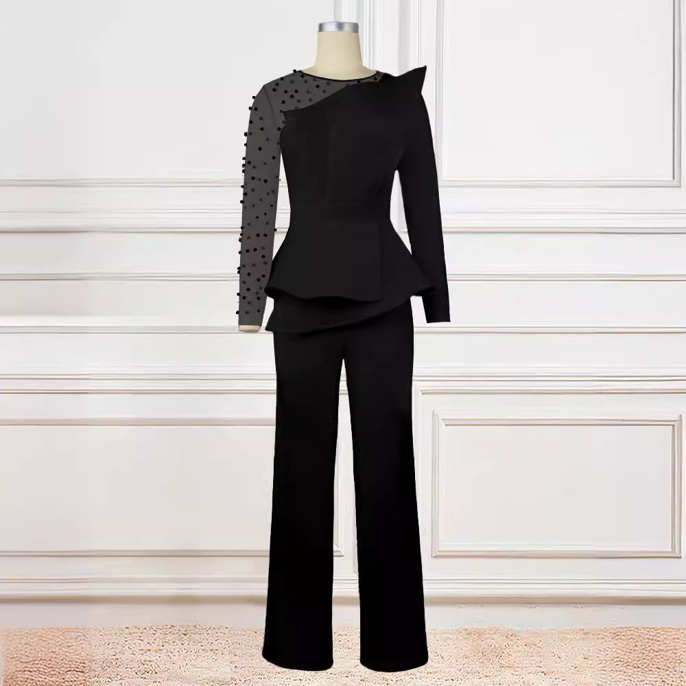 Damen eleganter Jumpsuit mit asymmetrischem Oberteil und raffiniertem Rüschendesign R&B