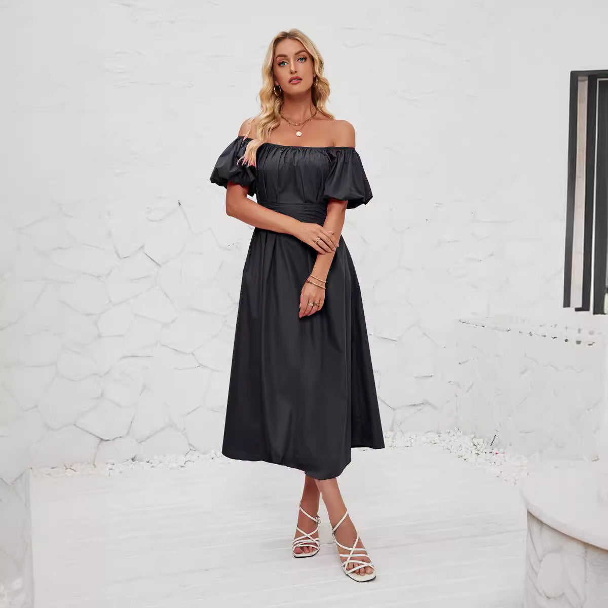 Damen Off-Shoulder Maxikleid mit voluminösen Puffärmeln und seitlichen Taschen R&B