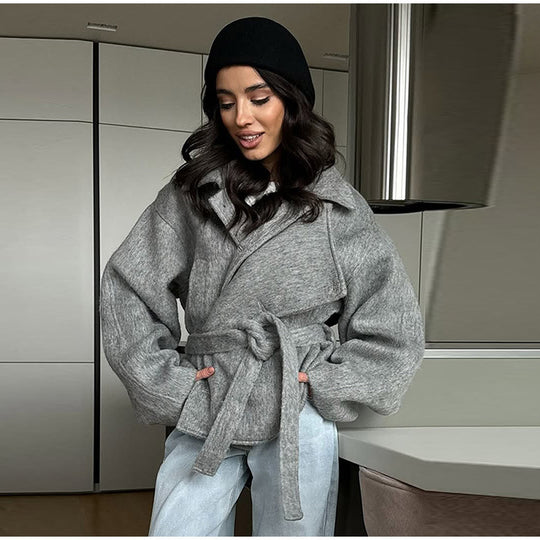 Damen Kuschelige Wolljacke mit weitem Schnitt und Taillengürtel R&B