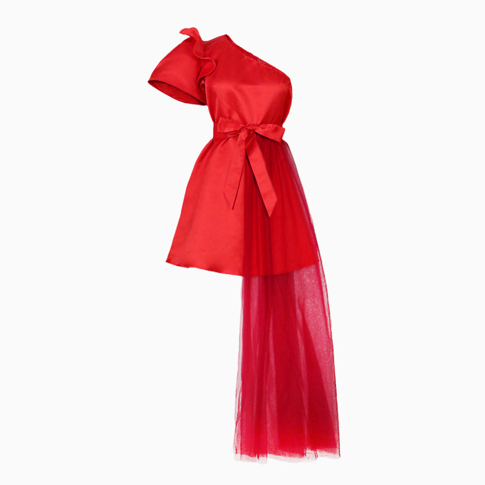 Damen Abendkleid mit asymmetrischem Oberteil und schwingendem Tüll-Akzent R&B
