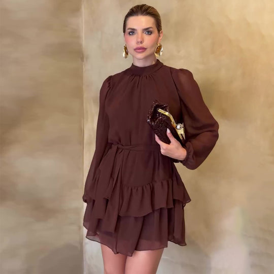 Damen Fließendes Mini-Kleid mit Rüschenvolants und elastischem Taillengürtel R&B