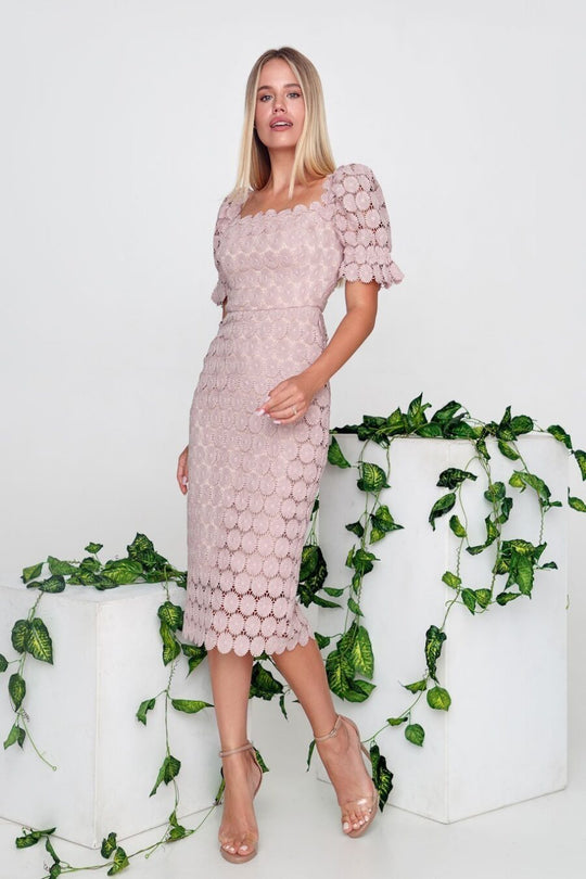 Damen Figurbetontes Spitzenkleid mit schulterfreiem Design und voluminösen Puffärmeln R&B