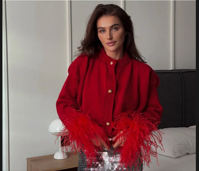 Damen Luxus Strickjacke mit federbesetzten Ärmeln R&B