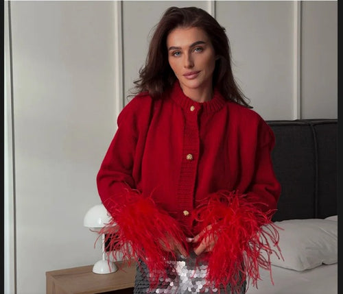 Damen Luxus Strickjacke mit federbesetzten Ärmeln R&B