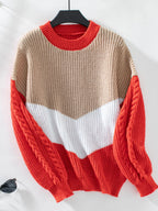 Damen Strickpullover mit modernen Farbblocklinien und Zopfmuster R&B