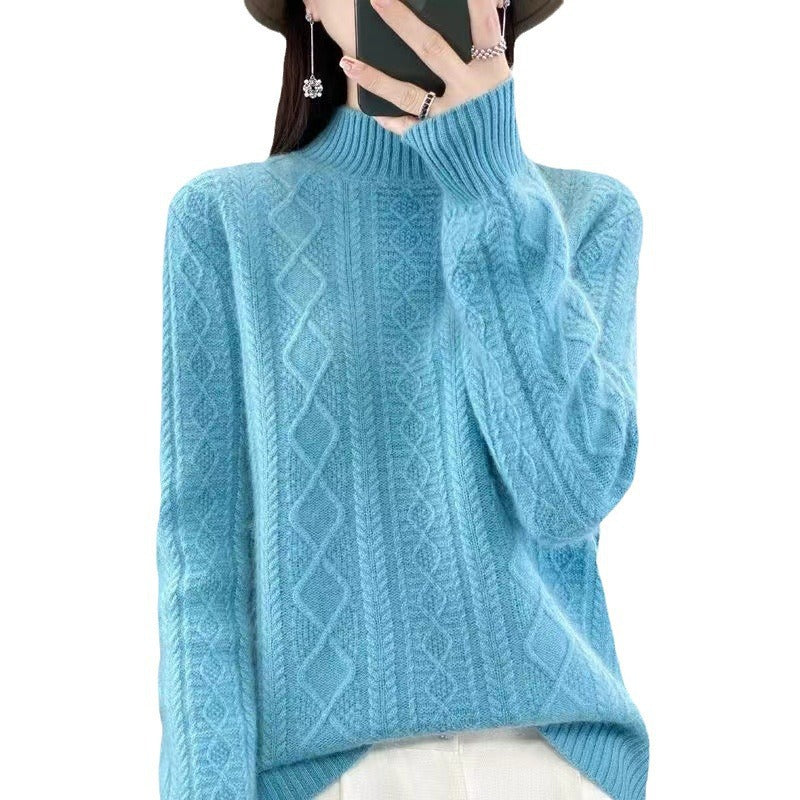 Damen Hochwertiger Strickpullover mit Stehkragen und Zopfdesign R&B