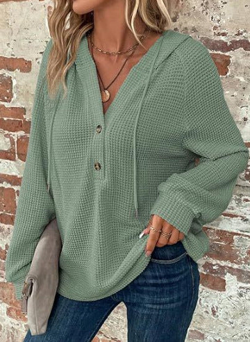 Damen lässiger Kapuzenpullover mit Knopfdetails und strukturiertem Gewebe R&B