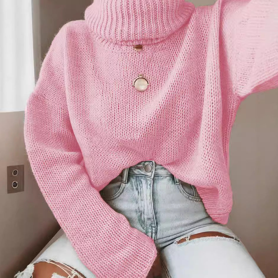 Damen Strickpullover mit hohem Kragen und lässigem Schnitt R&B