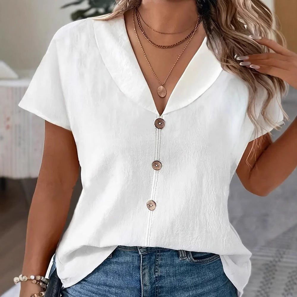 Damen nan luftige Leinenoptik-Bluse mit weitem Schalkragen und Zierknopfleiste R&B