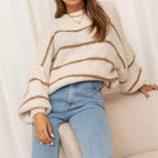 Damen grob gestrickter Pullover mit modernen Streifen und lässigem Schnitt R&B