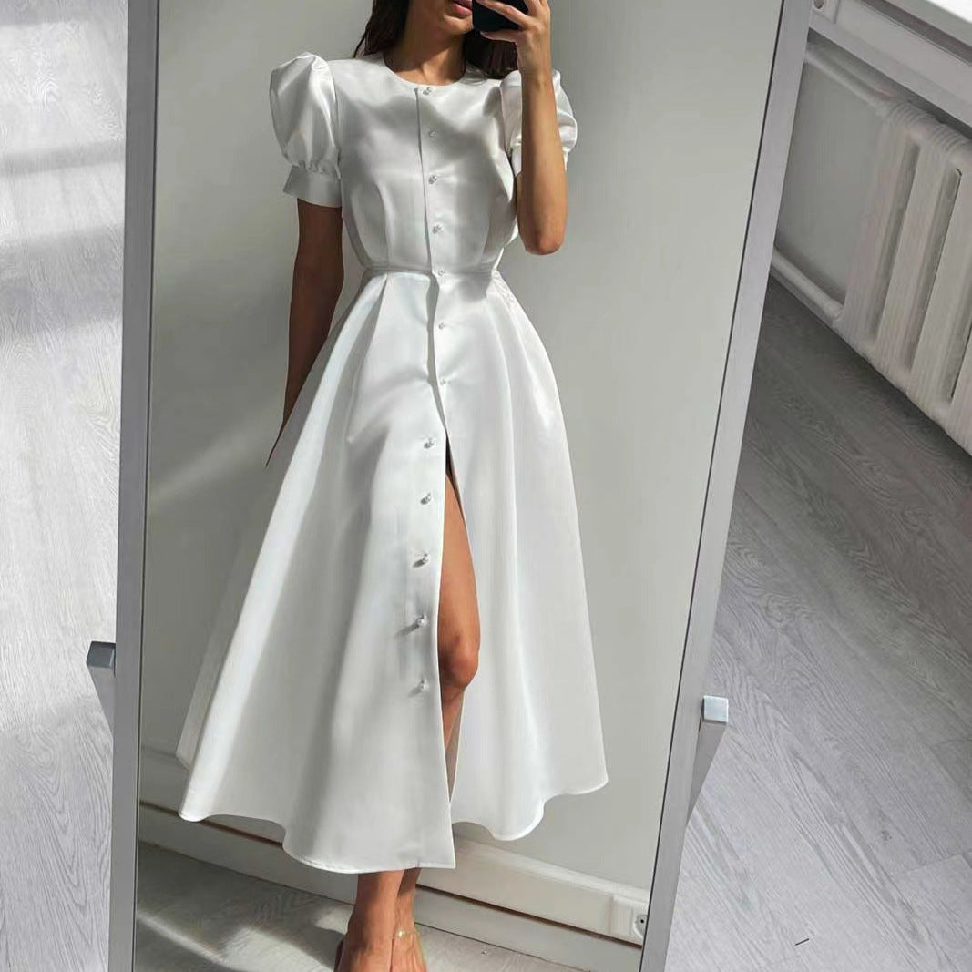 Damen Midi-Kleid mit Puffärmeln und schimmerndem Satin-Finish R&B
