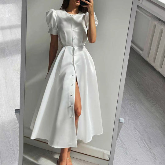 Damen Midi-Kleid mit Puffärmeln und schimmerndem Satin-Finish R&B