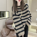 Damen Grobstrickpullover mit lässigem Streifenmuster und voluminösen Ärmeln R&B