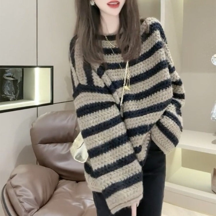 Damen Grobstrickpullover mit lässigem Streifenmuster und voluminösen Ärmeln R&B