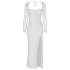Damen Elegante Maxikleid mit transparenter Spitzenoberfläche und seitlichem Schlitz R&B
