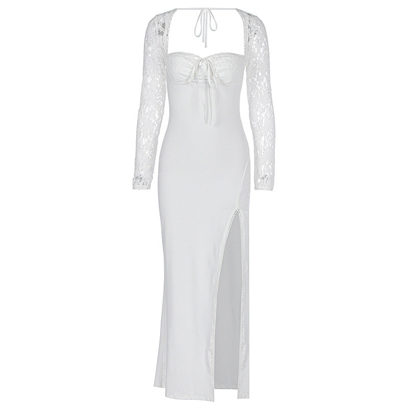 Damen Elegante Maxikleid mit transparenter Spitzenoberfläche und seitlichem Schlitz R&B