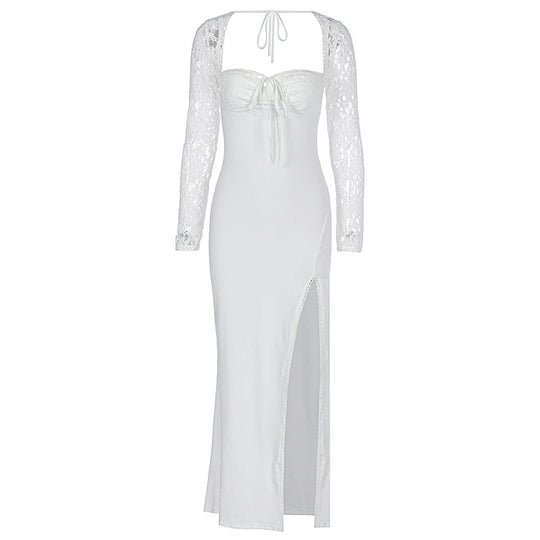 Damen Elegante Maxikleid mit transparenter Spitzenoberfläche und seitlichem Schlitz R&B