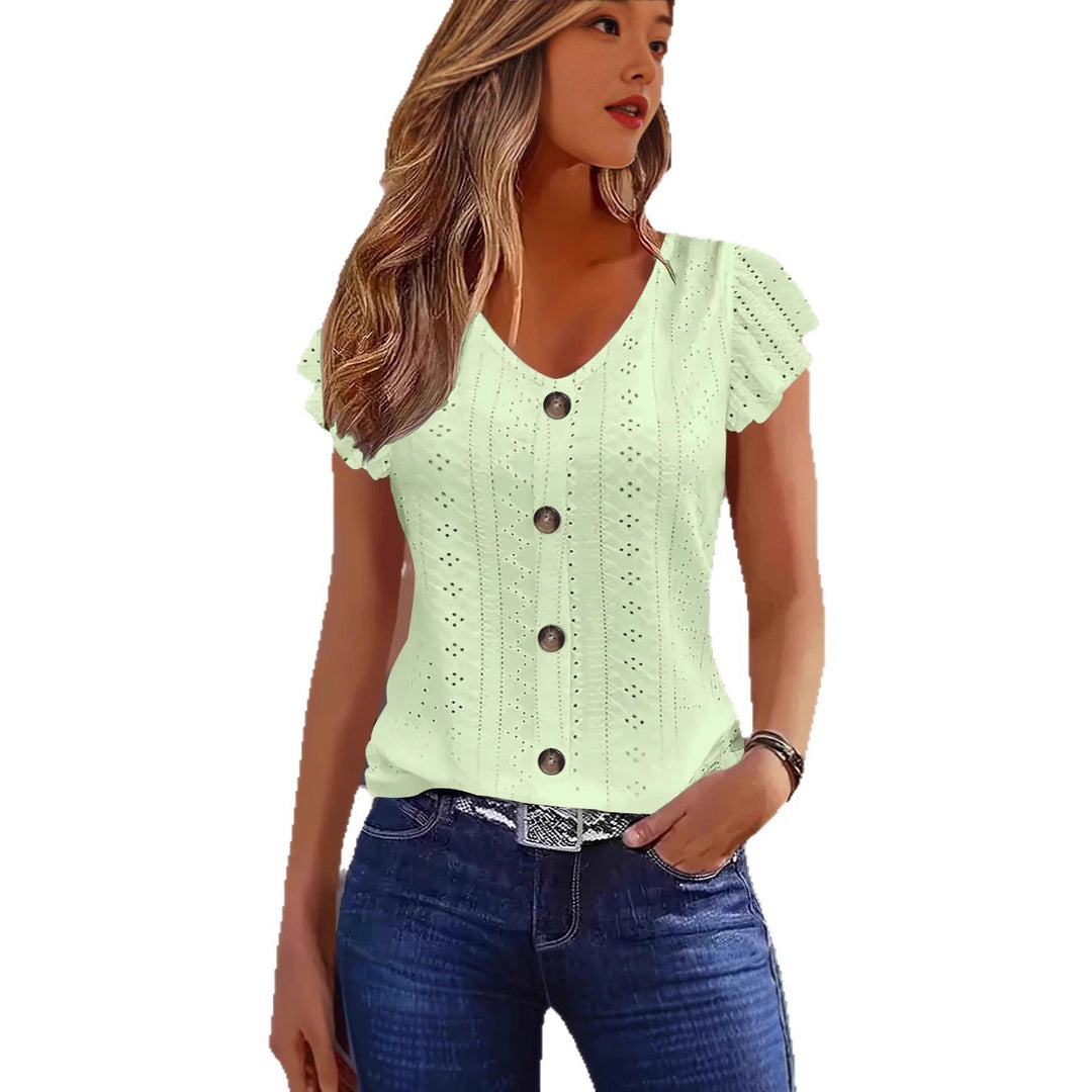 Damen elegante Bluse mit Spitzenmuster und Knopfverzierung R&B