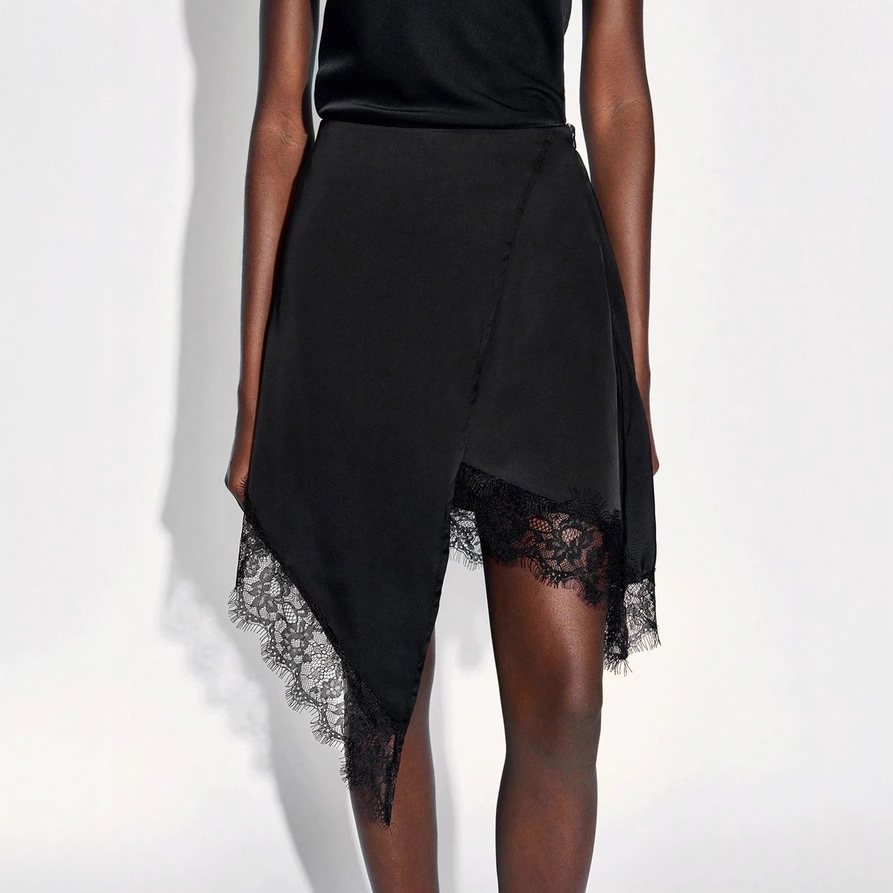 Damen nan asymmetrischer Wickelrock mit Spitzenbesatz und satinähnlichem Fall R&B