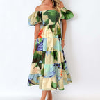 Damen Maxikleid mit voluminösen Puffärmeln und floralen Akzenten R&B
