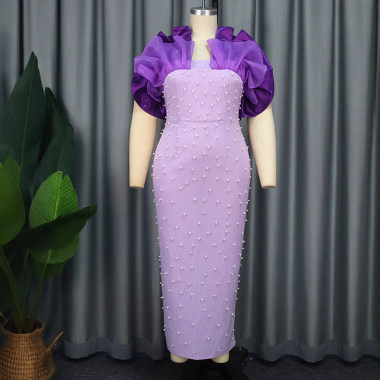 Damen Elegantes Körperbetontes Kleid mit Puffärmeln und Perlenverzierungen R&B