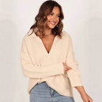 Damen lässiger Strickpullover mit modernem V-Ausschnitt und weit geschnittenen Ärmeln R&B