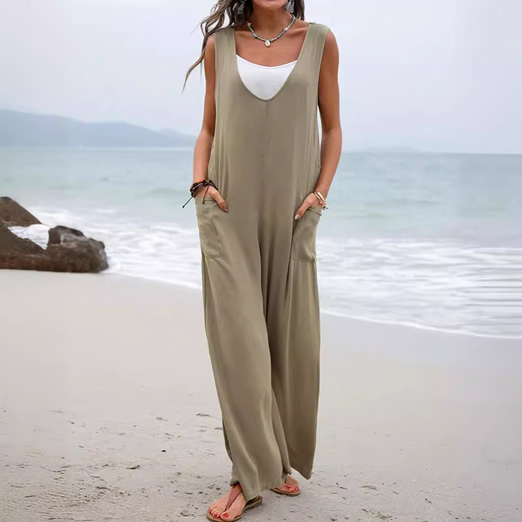 Damen Lässiger weite Jumpsuit mit V-Ausschnitt und praktischen Taschen R&B