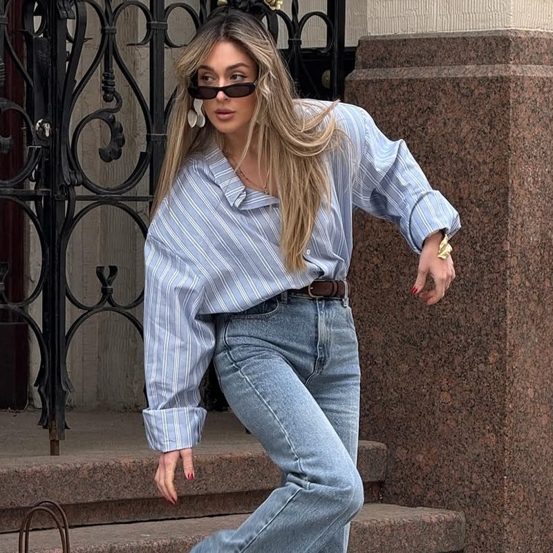 Damen lässige Oversize-Hembluse mit Streifen R&B
