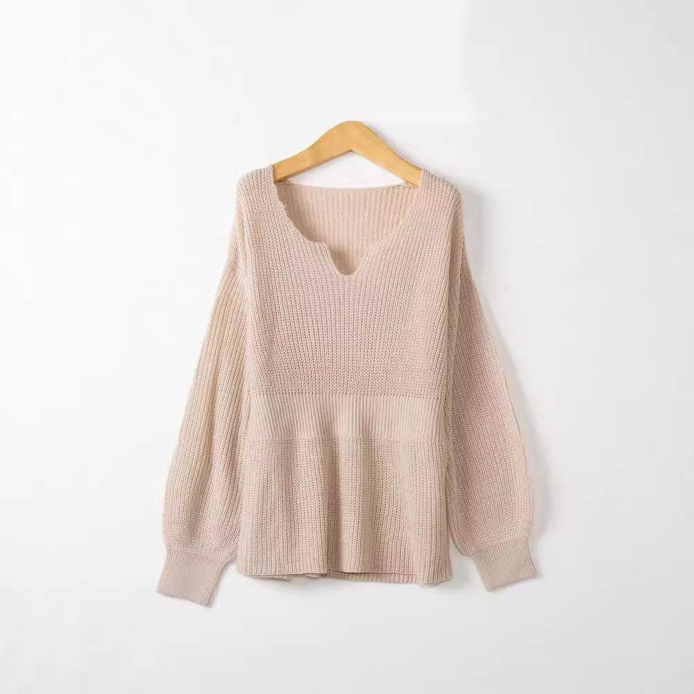Damen Grobstrickpullover mit tiefem V-Ausschnitt und lässigem Schnitt R&B