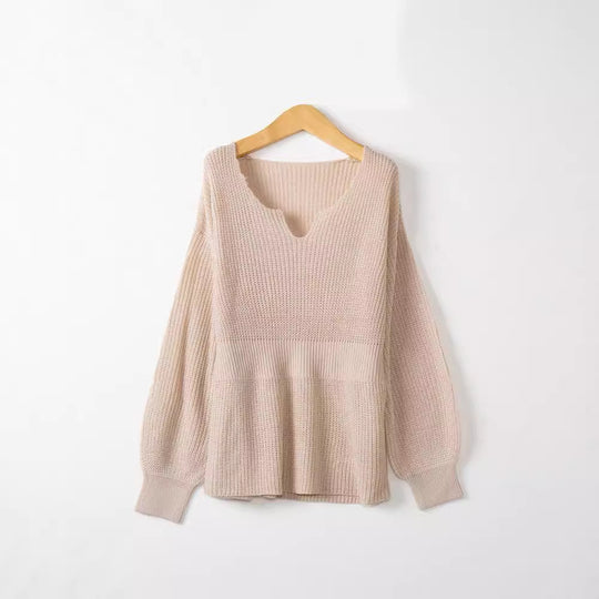 Damen Grobstrickpullover mit tiefem V-Ausschnitt und lässigem Schnitt R&B