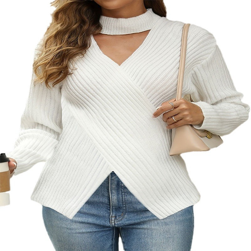 Damen modischer asymmetrischer Strickpullover mit hochgeschlossenem Kragen und Rippstruktur R&B