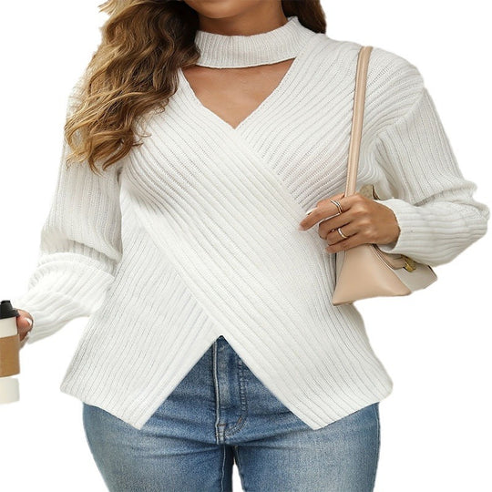Damen modischer asymmetrischer Strickpullover mit hochgeschlossenem Kragen und Rippstruktur R&B