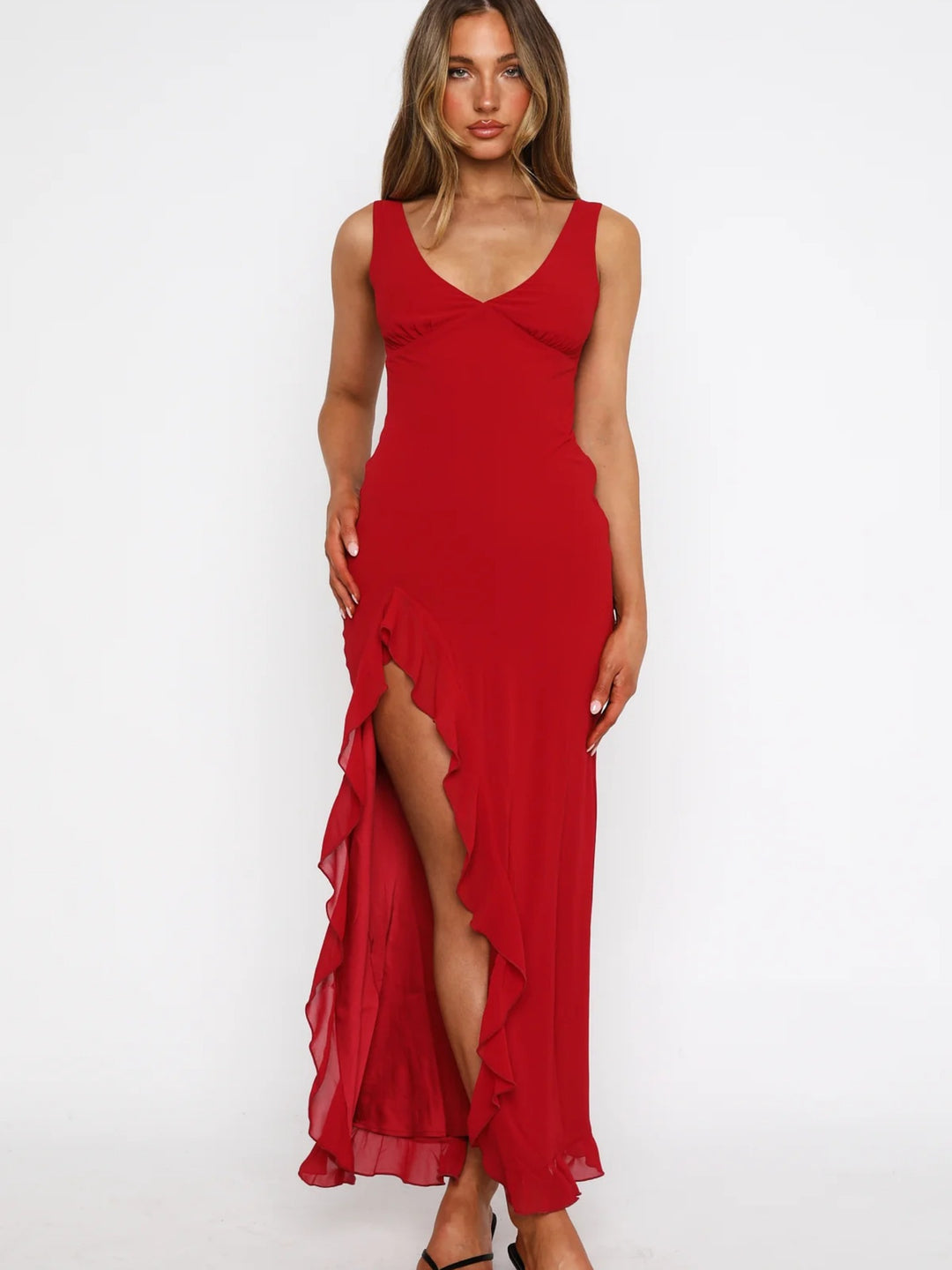 Damen Maxikleid mit tiefem Schlitz und eleganten Rüschendetails R&B