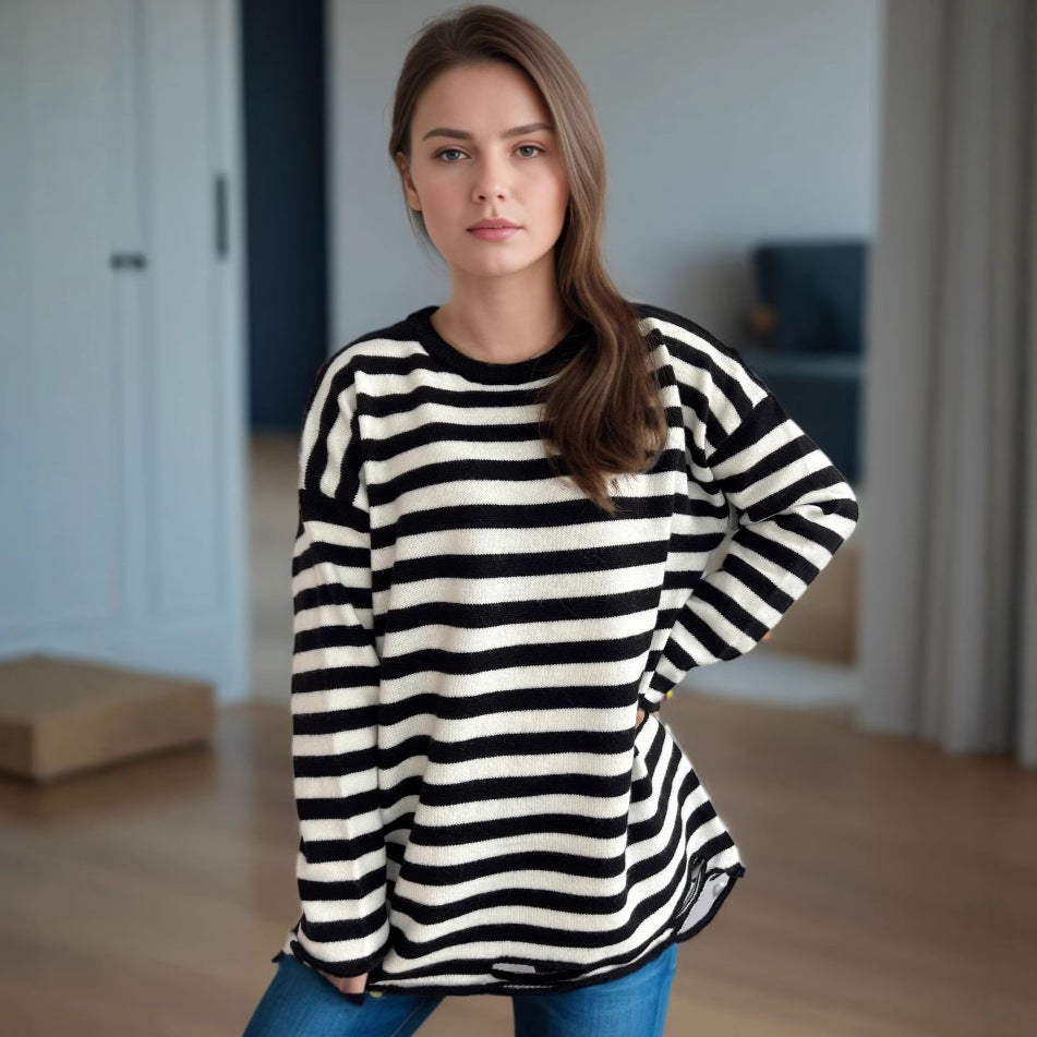 Damen lässiger Oversize-Pullover mit breiten Streifen R&B