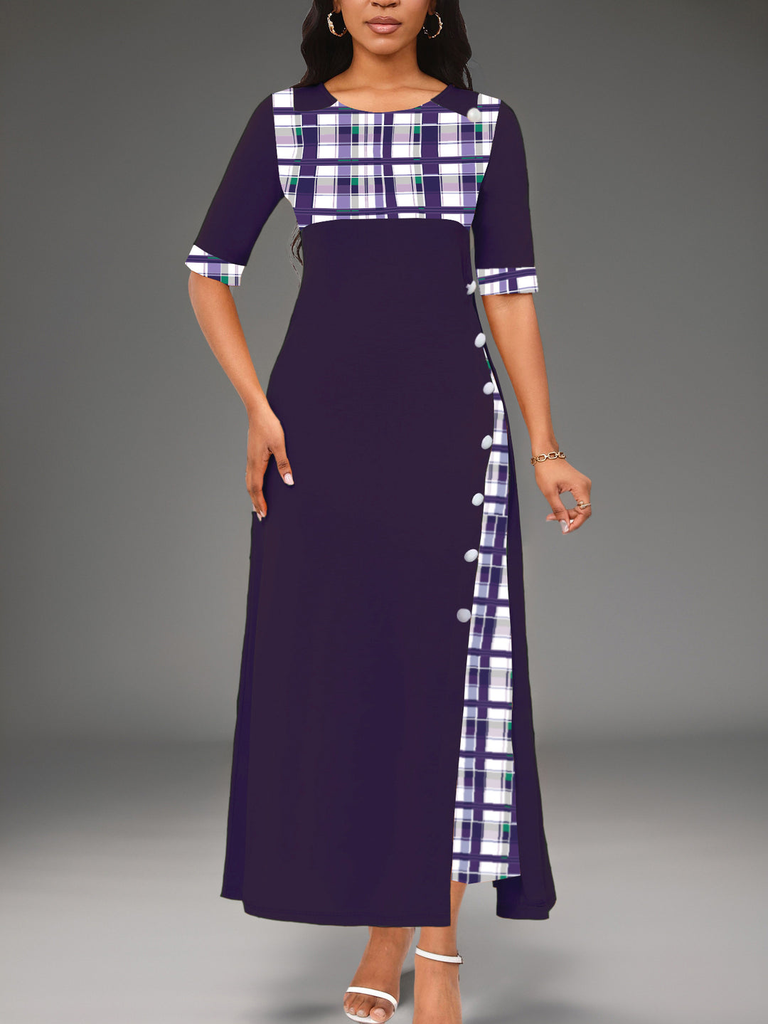 Damen Maxi-Kleid mit modischem Karomuster und geschmackvollen Knopfdetails R&B