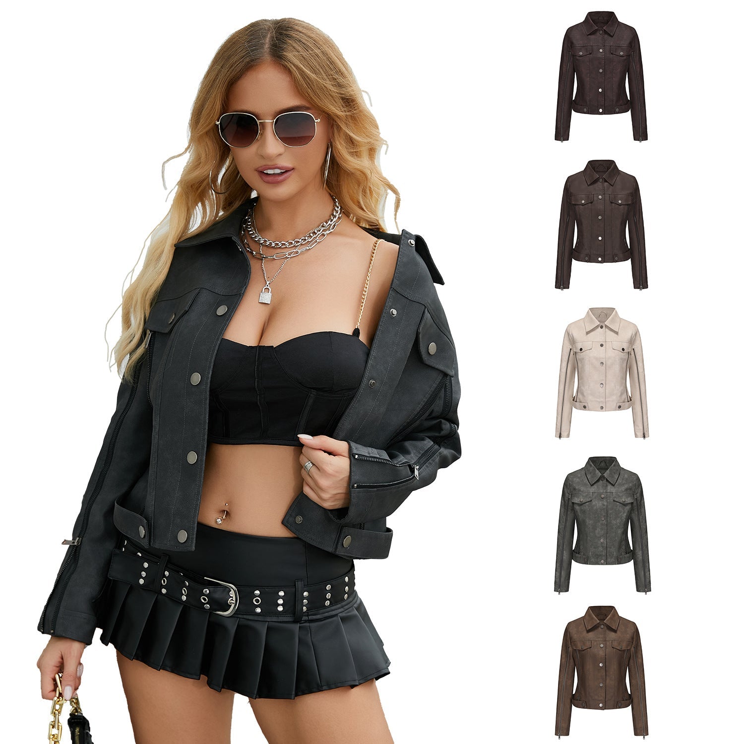 Damen modische Shortjacke aus Kunstleder mit Reißverschlussdetails