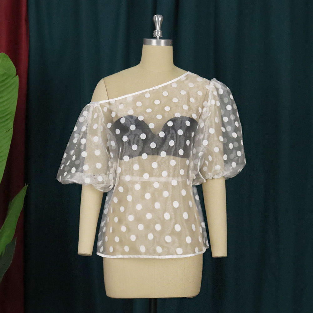 Damen Verspielte Bluse mit transparentem Polka-Punkten Design und Puffärmeln R&B