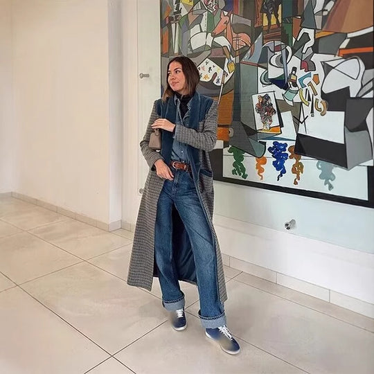 Damen eleganter längerer Blazer mit feinem Karomuster und flauschigem Kragen R&B