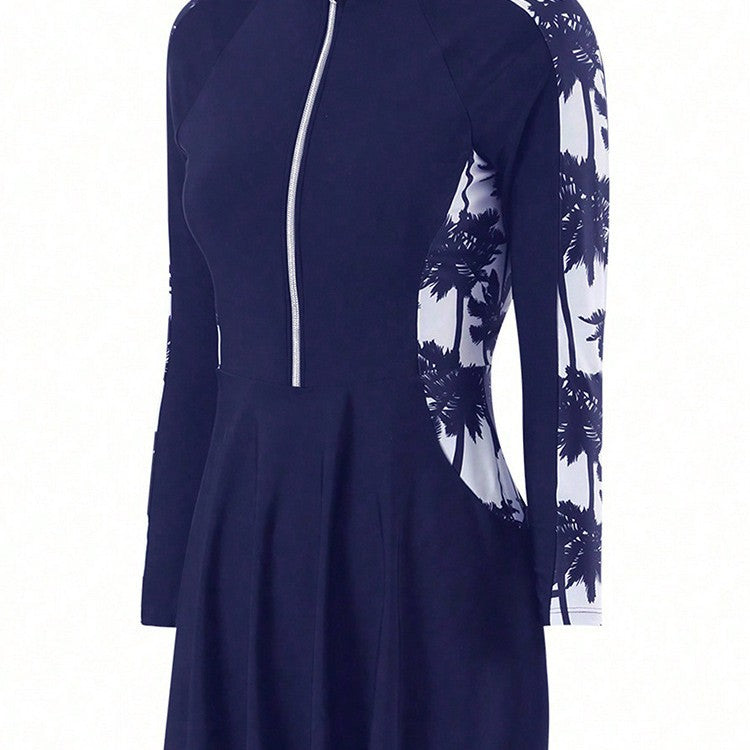 Damen Sportlicher Badeanzug mit hohem Hals und ausgestelltem Rock R&B